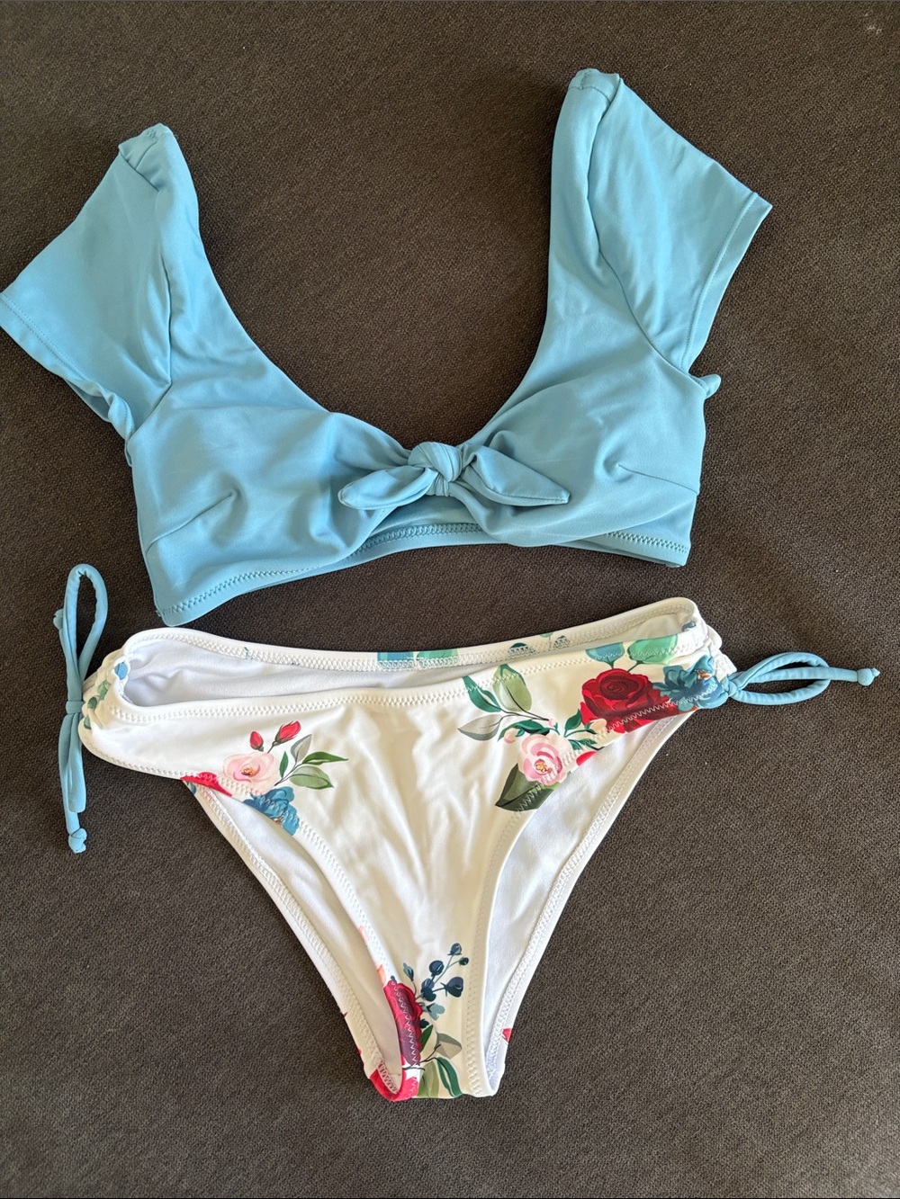 Light Blue Tie-Front Bikini Top with White Floral Tie-Side Bottoms